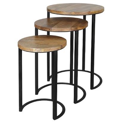 Ravi Iron Base Solid Wood Top Round Stool Set of 3 Pcs