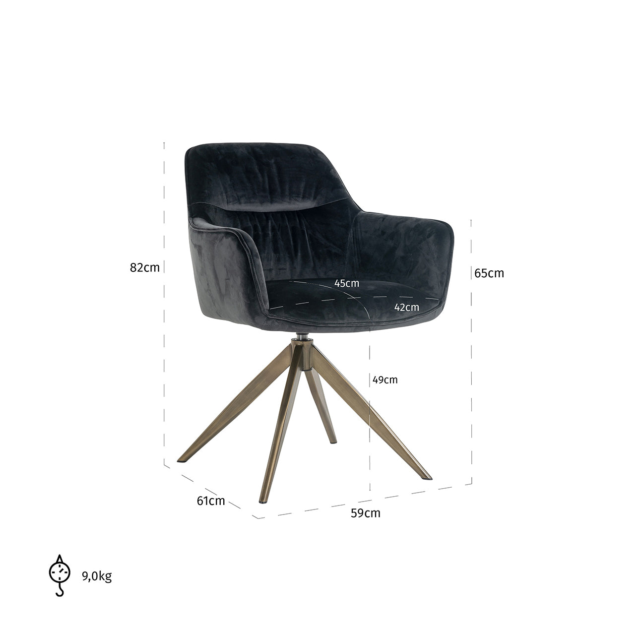 Swivel chair Aline antraciet velvet fire retardant (FR-Quartz 801 Antraciet)