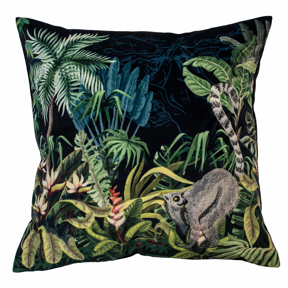 Emb Lemur on Black Velvet Cushion 45x45