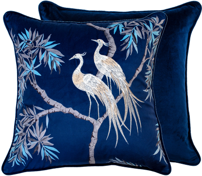 EMBROIDERED NIGHTINGALES ON BLUE VELVET 45 X 45