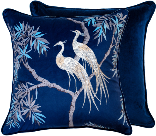 EMBROIDERED NIGHTINGALES ON BLUE VELVET 45 X 45