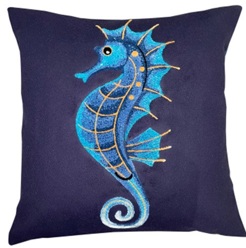 TURQ SEAHORSE ON NAVY EMB CUSHION 45 X 45