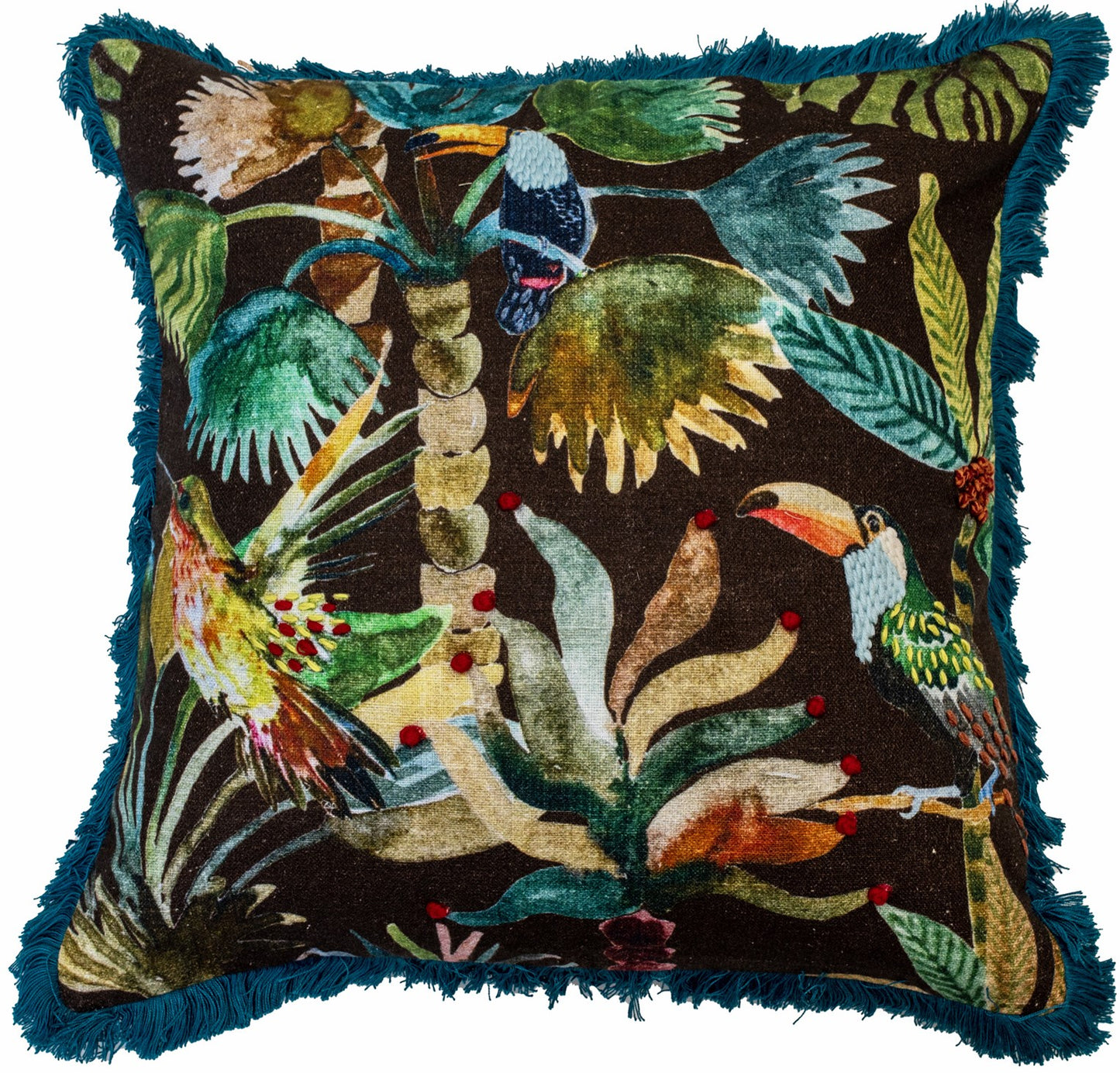 PRINTED TOUCAN CUSHION ON COTTON WITH EMBELLISHMENT
