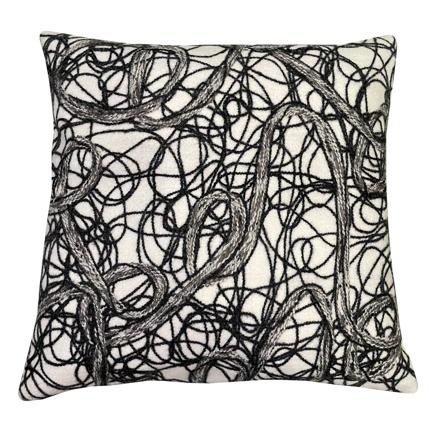FELT CUSHION MONO CHROME WHITE WITH BLACK SCRIBBLE EMB 45 X