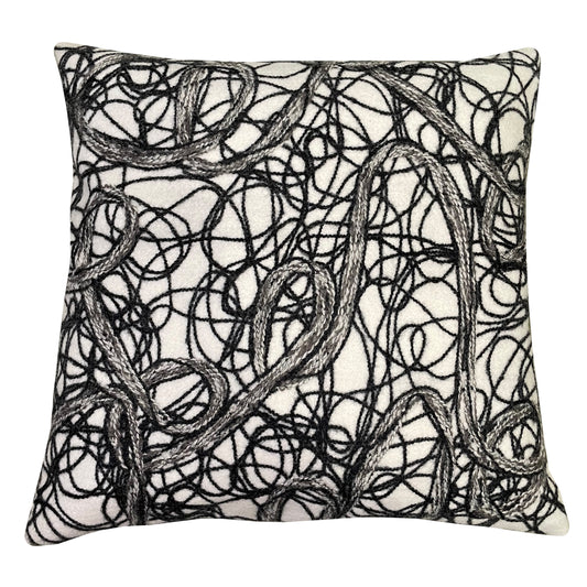 FELT CUSHION MONO CHROME WHITE WITH BLACK SCRIBBLE EMB 45 X