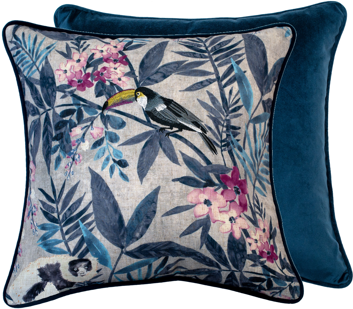 PRETTY TOUCAN EMB  PRINT  IN BLUES  45 X 45