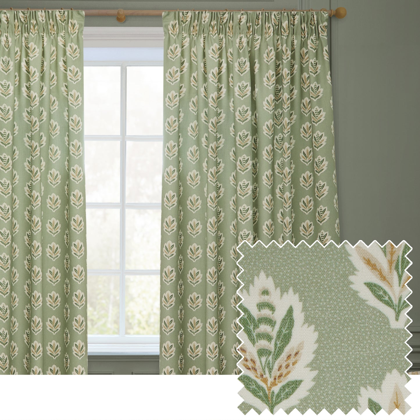 SESSILE LEAF 117X182 PENCIL PLEAT CURTAINS SAGE
