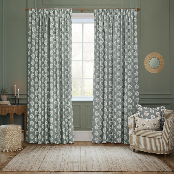 Sessile Leaf 228x228 Pencil Pleat Curtains Delph Blue - view 3