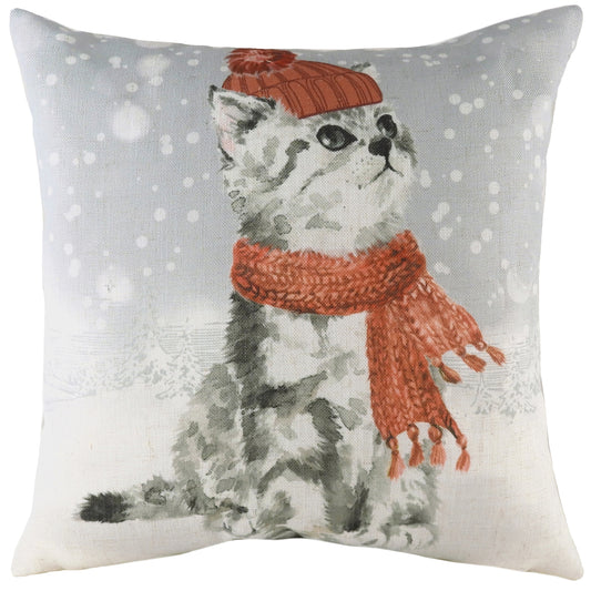 SNOWY CAT WITH SCARF 43X43 FEATHER FILLED CUSHION