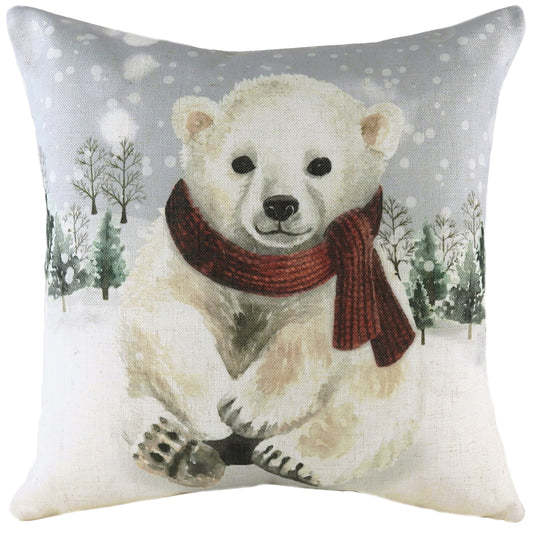 SNOWY POLAR BEAR WITH SCARF 43X43 FEATHER FILLED CUSHION