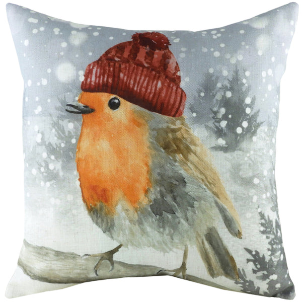 Snowy Robin with Hat 43x43 Feather Filled Cushion