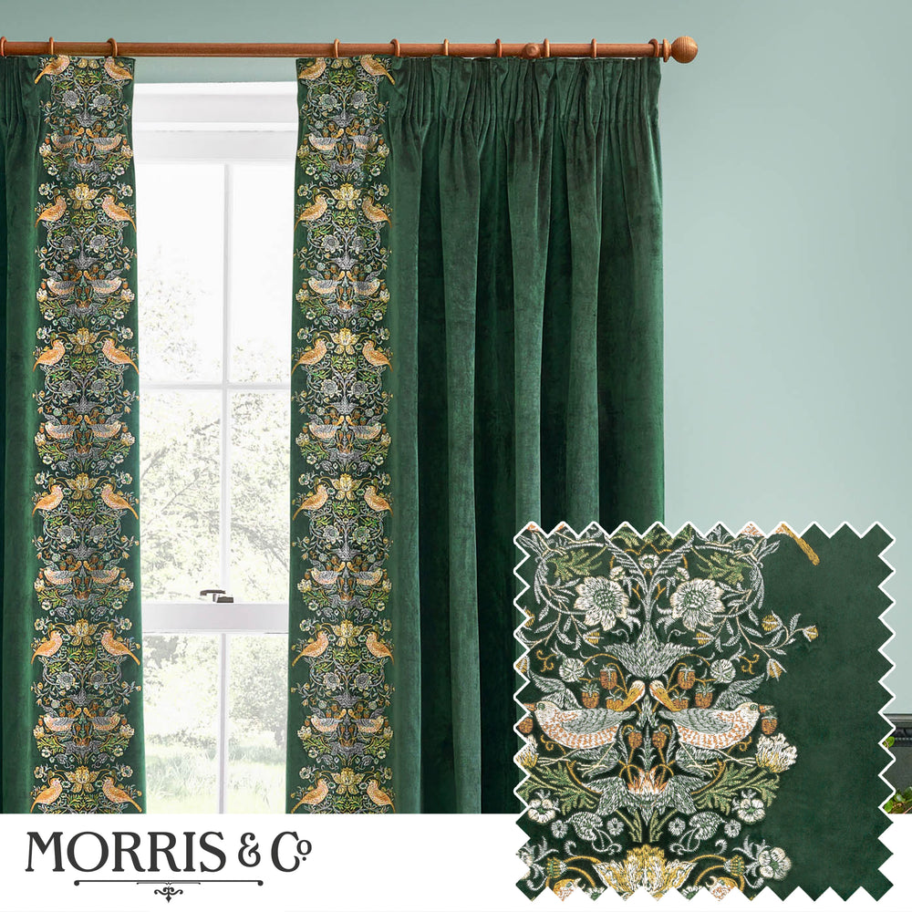 Strawberry Thief Embroidery 117x182 Pencil Pleat Curtains Forest Green