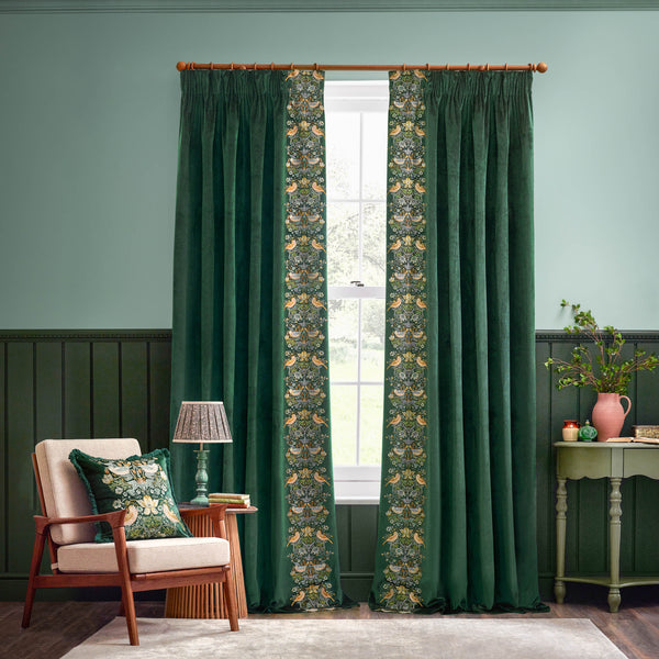 Strawberry Thief Embroidery 117x182 Pencil Pleat Curtains Forest Green - view 3