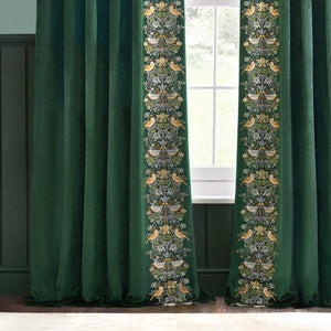 Strawberry Thief Embroidery 117x182 Pencil Pleat Curtains Forest Green - view 5