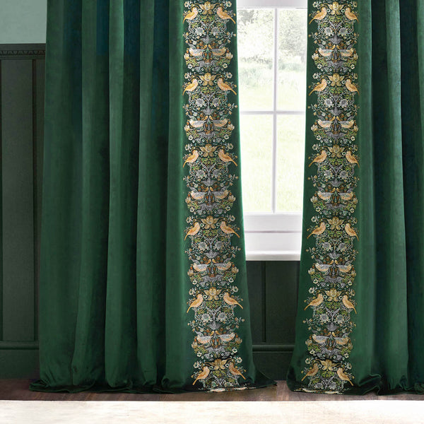 Strawberry Thief Embroidery 117x182 Pencil Pleat Curtains Forest Green - view 5