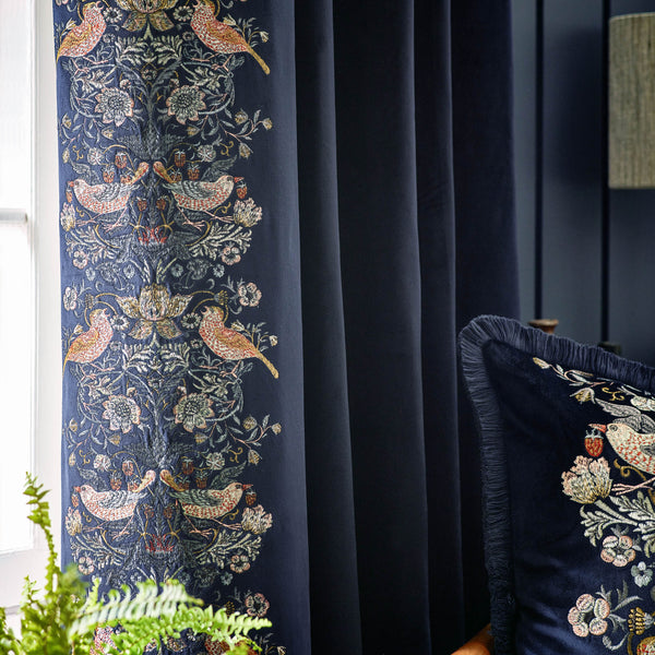 Strawberry Thief Embroidery 167x228 Pencil Pleat Curtains Indigo - view 5