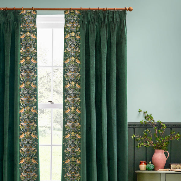 Strawberry Thief Embroidery 228x228 Pencil Pleat Curtains Forest Green - view 4