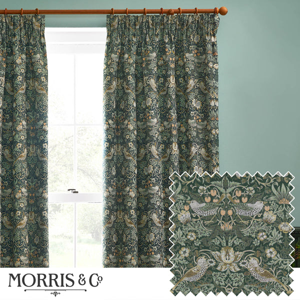 Strawberry Thief Jacquard 228x137 Pencil Pleat Curtains Forest Green - view 2
