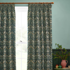 Strawberry Thief Jacquard 228x137 Pencil Pleat Curtains Forest Green - view 4