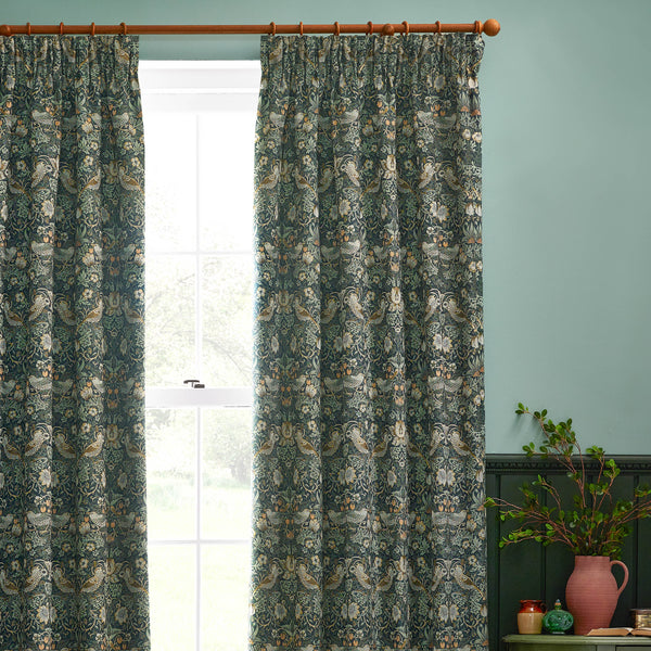 Strawberry Thief Jacquard 228x137 Pencil Pleat Curtains Forest Green - view 4