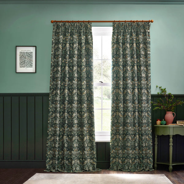 Strawberry Thief Jacquard 228x137 Pencil Pleat Curtains Forest Green - view 8