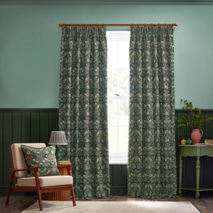 Strawberry Thief Jacquard 228x228 Pencil Pleat Curtains Forest Green - view 3