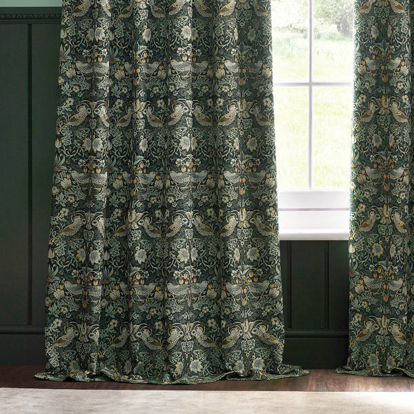 Strawberry Thief Jacquard 228x228 Pencil Pleat Curtains Forest Green - view 6
