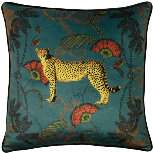 TROPICA CHEETAH 45X45 FEATHER FILLED CUSHION TEAL