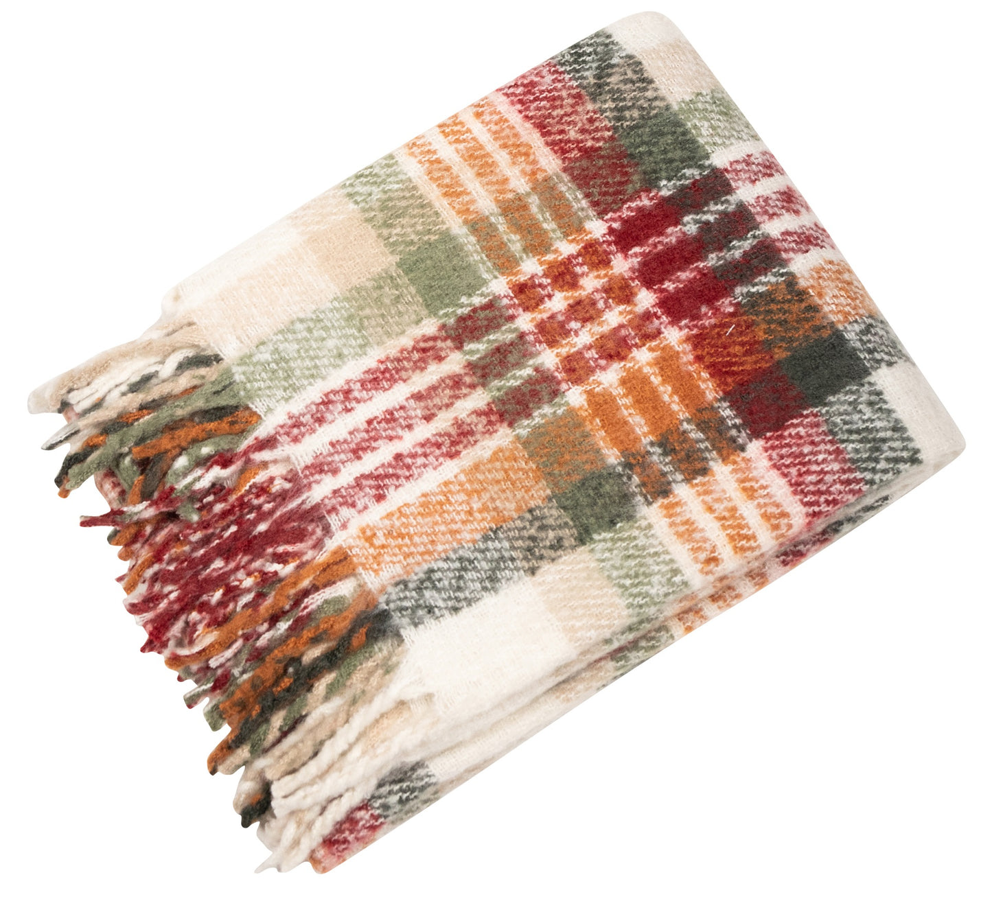 FAUX MOHAIR THROW ORANGE/GREEN PLAID 130 X 180
