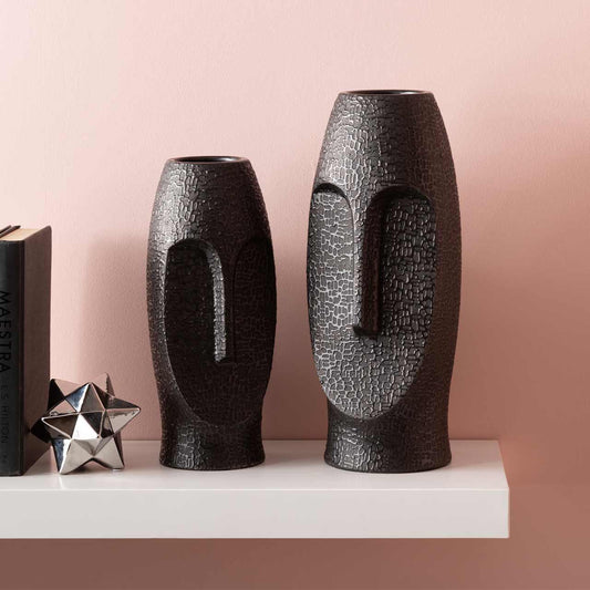 31cm Black Textured Ceramic Face Vase