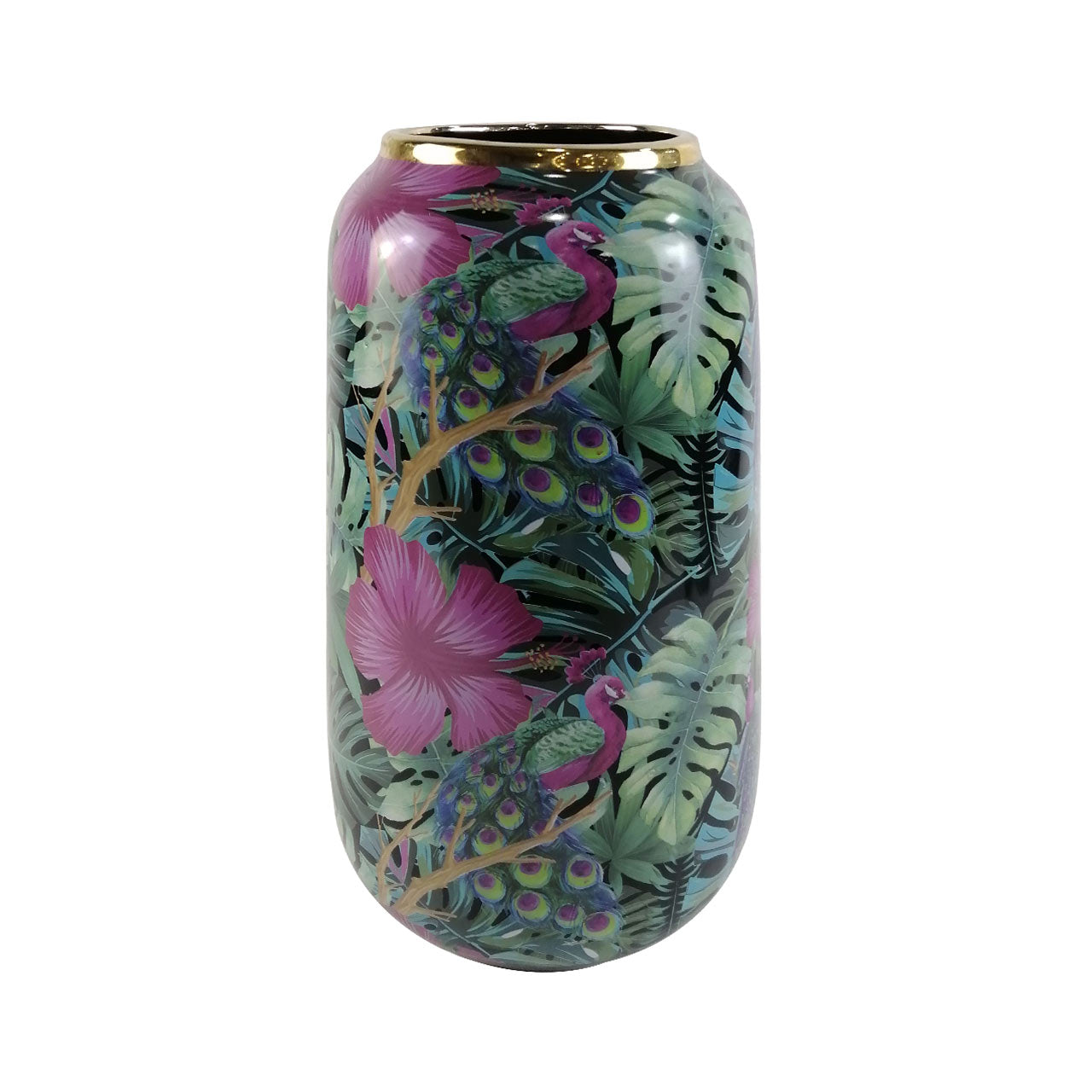 37cm Green and Pink Palm Leaves Design Ceramic Vase