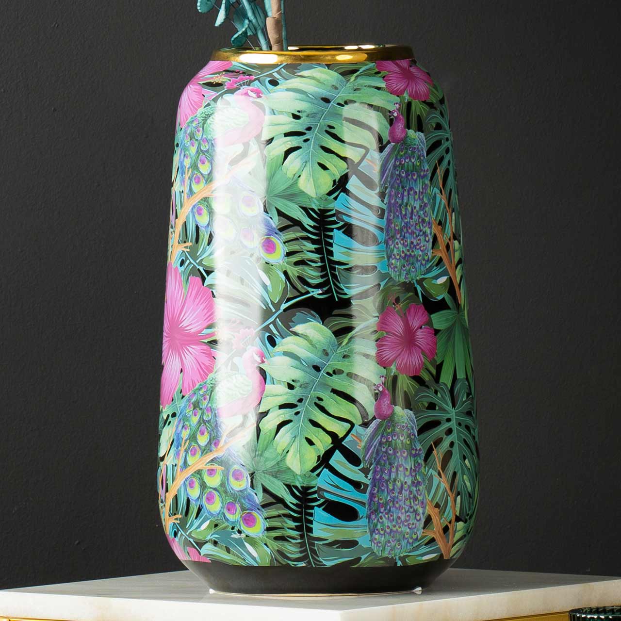 37cm Green and Pink Palm Leaves Design Ceramic Vase