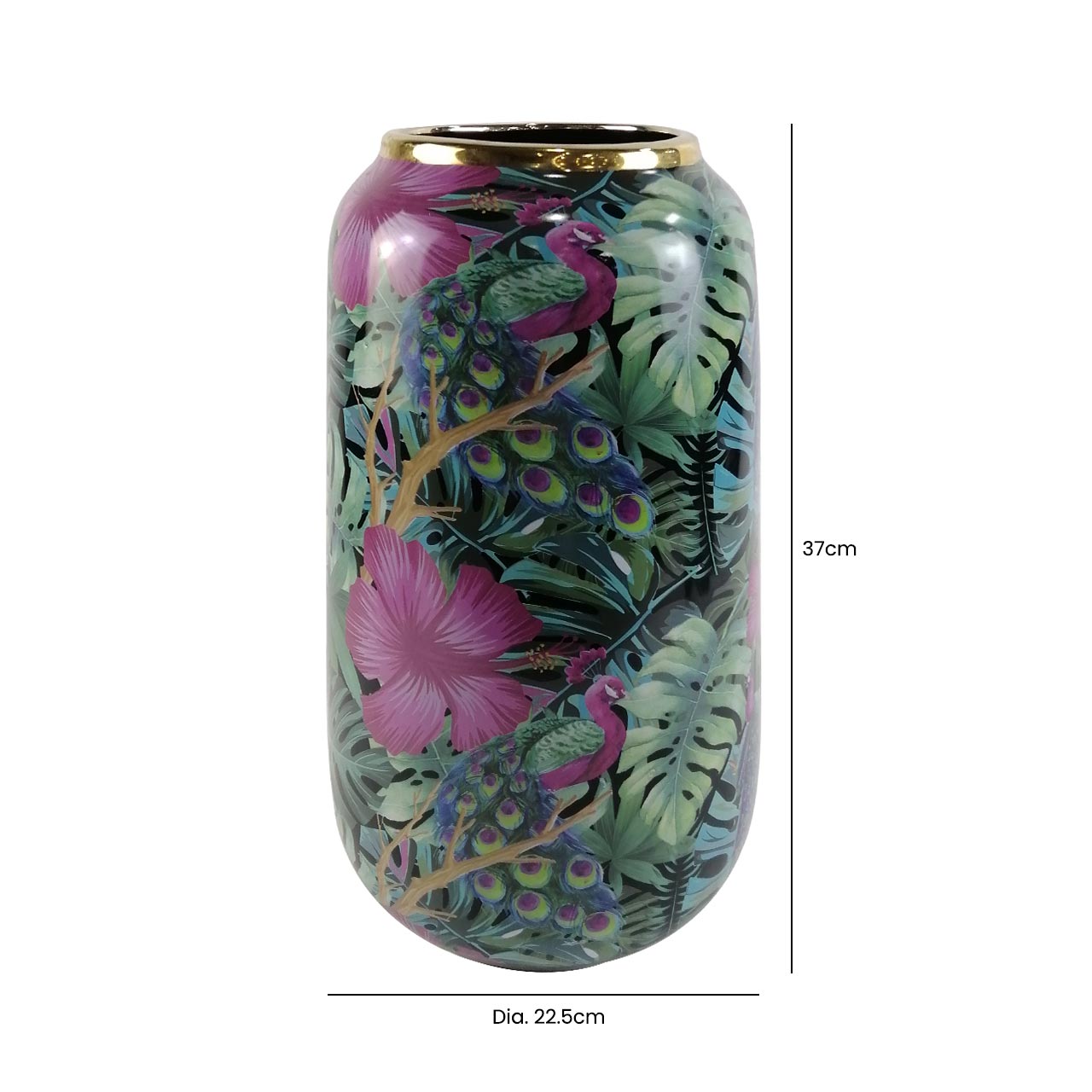 37cm Green and Pink Palm Leaves Design Ceramic Vase