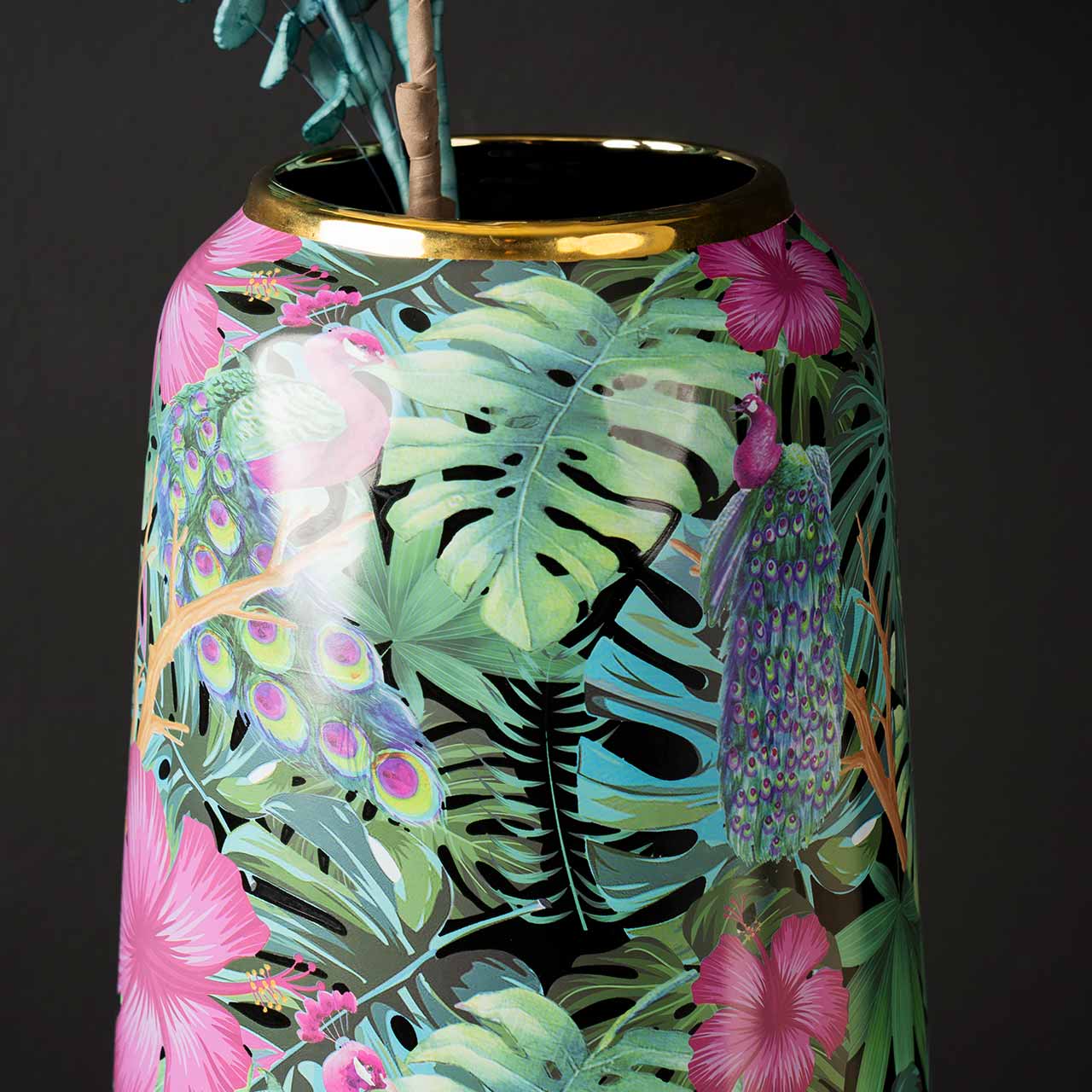 37cm Green and Pink Palm Leaves Design Ceramic Vase