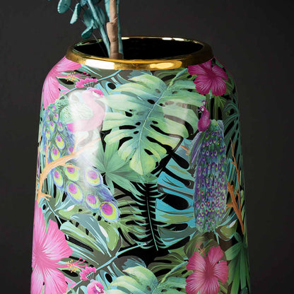 37cm Green and Pink Palm Leaves Design Ceramic Vase