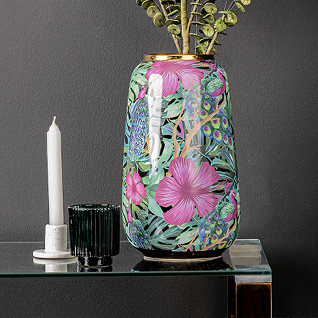 31cm Green and Pink Palm Leaves Design Ceramic Vase