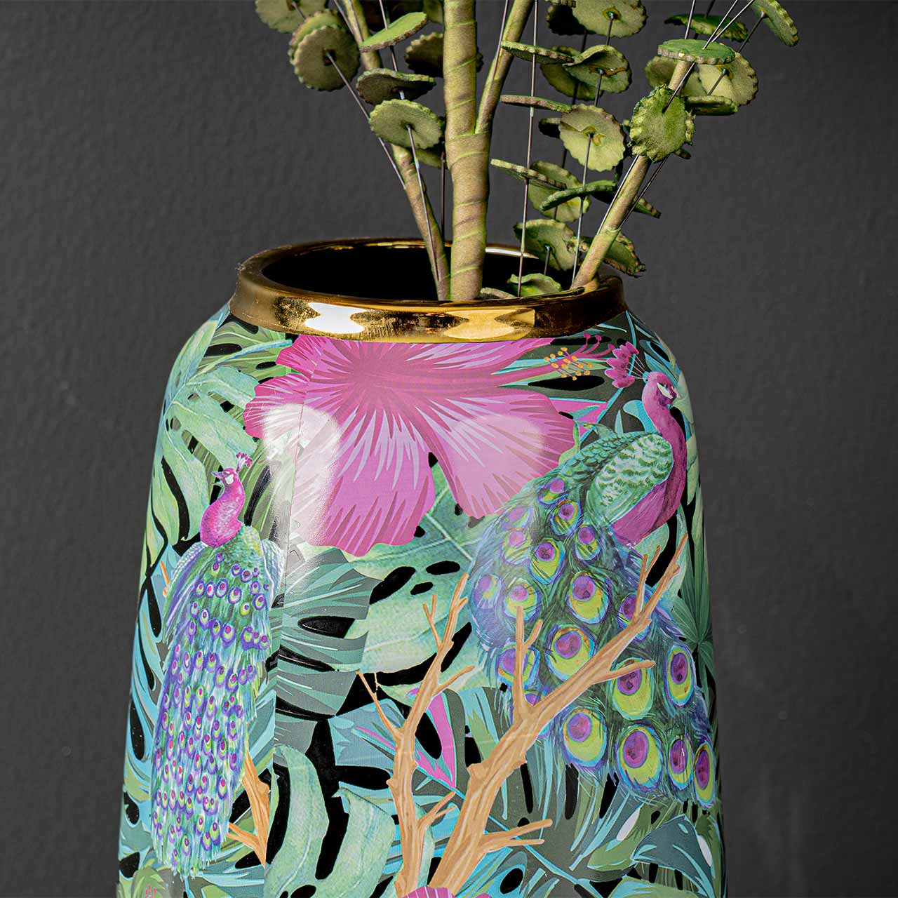 31cm Green and Pink Palm Leaves Design Ceramic Vase