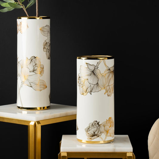 30.5cm White and Gold Flower Design Ceramic Vase