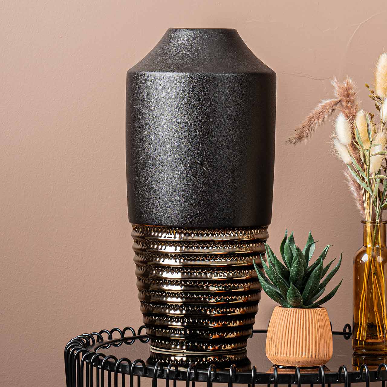 40.5cm Black and Textured Bronze Ceramic Vase