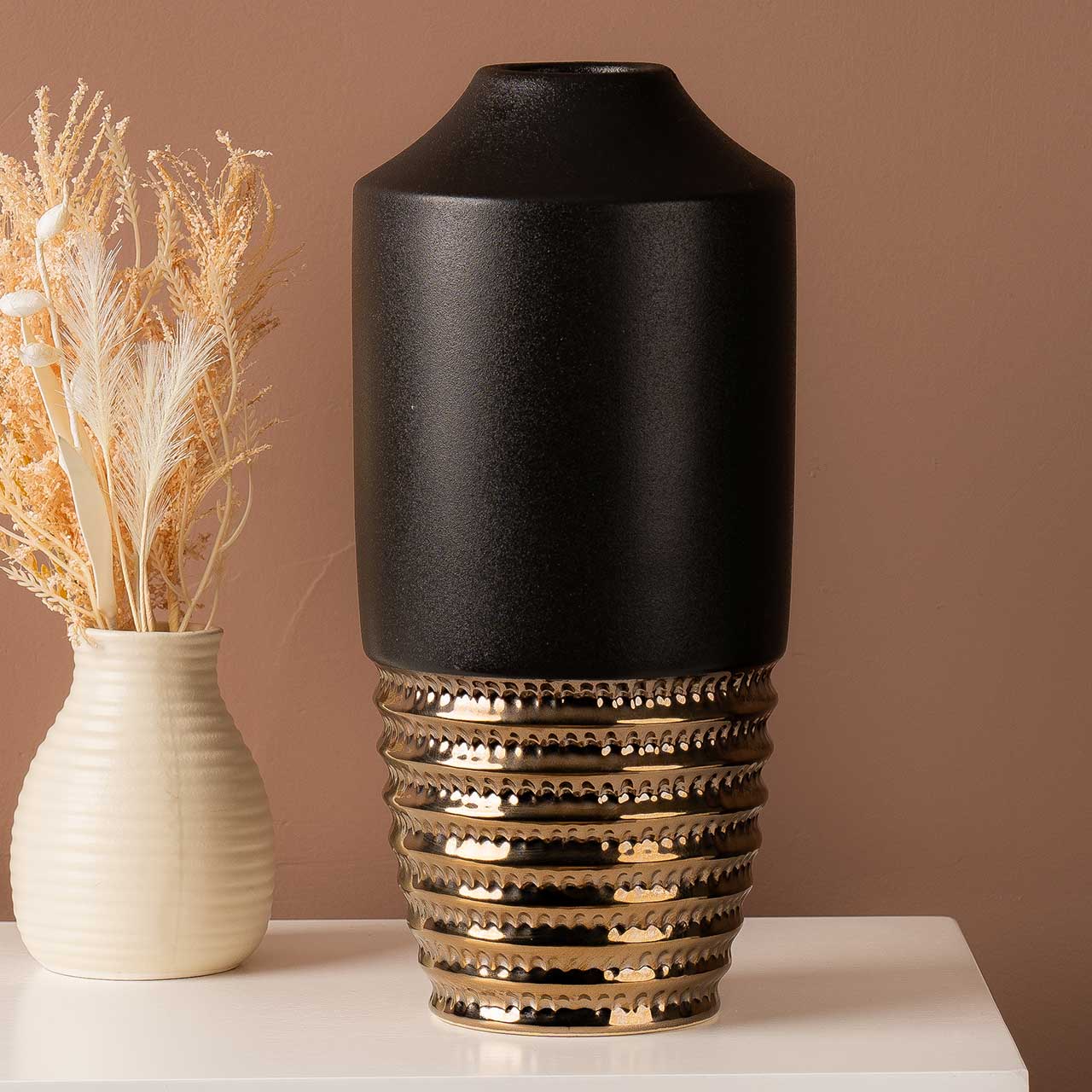 30cm Black and Textured Bronze Ceramic Vase