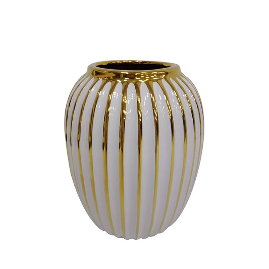 21cm White and Gold Pleated Ceramic Vase