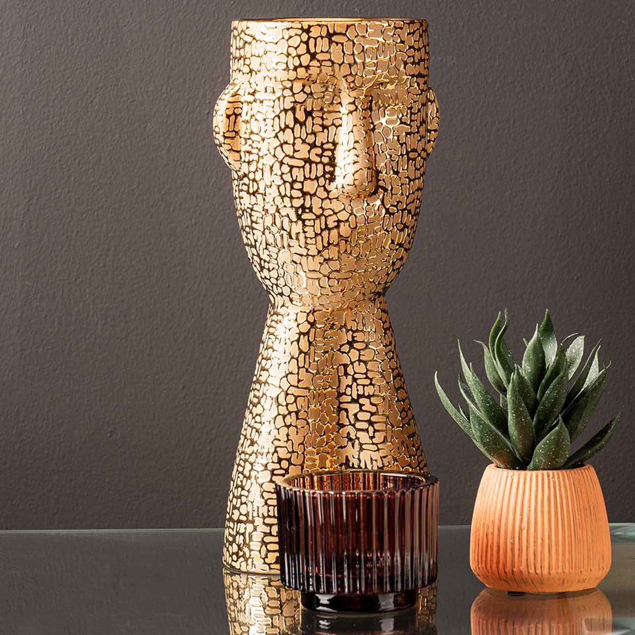 32.5cm Gold Textured Face Ceramic Vase