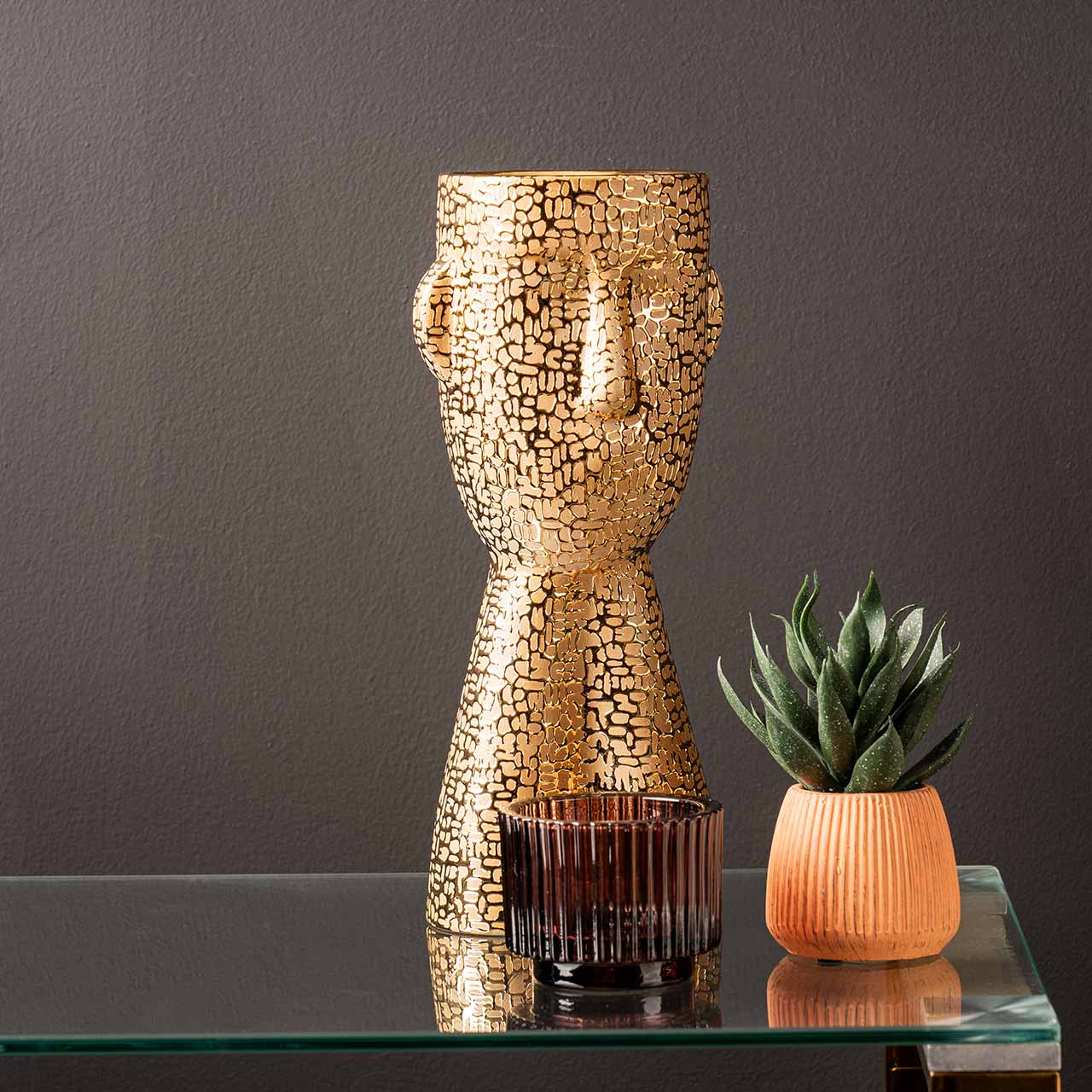 32.5cm Gold Textured Face Ceramic Vase