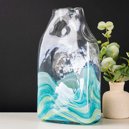 34cm Clear and Blue Ocean Design Handmade Glass Vase