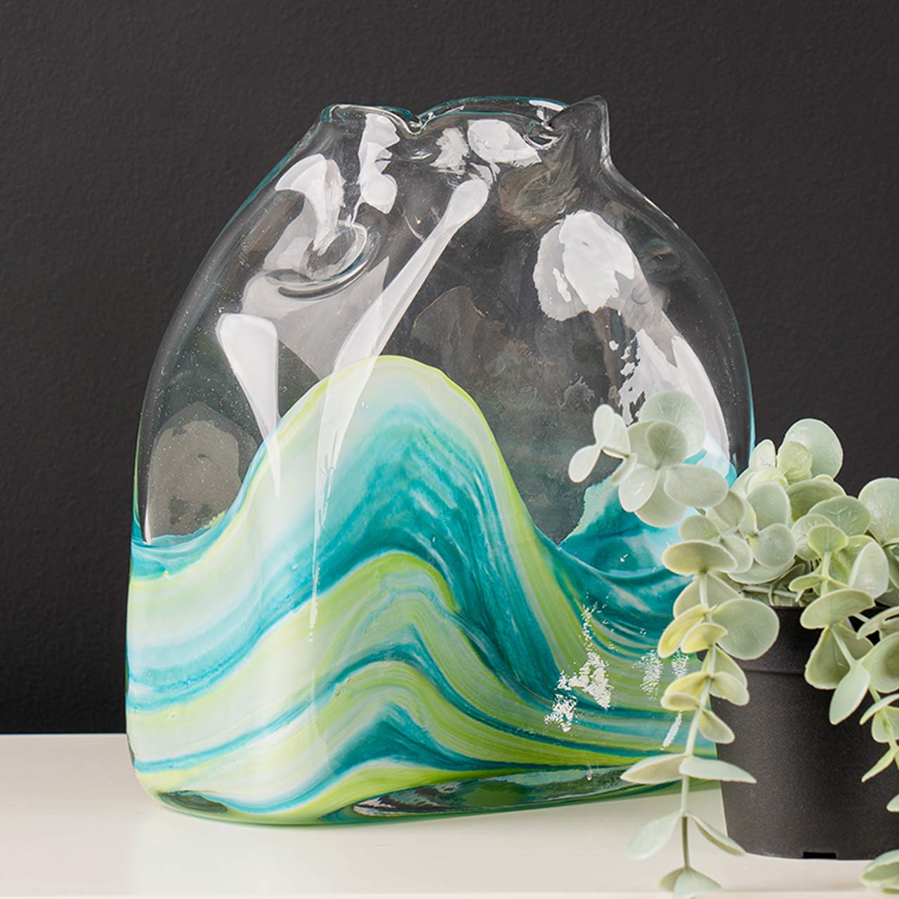 21.5cm Clear and Blue Ocean Design Handmade Glass Vase