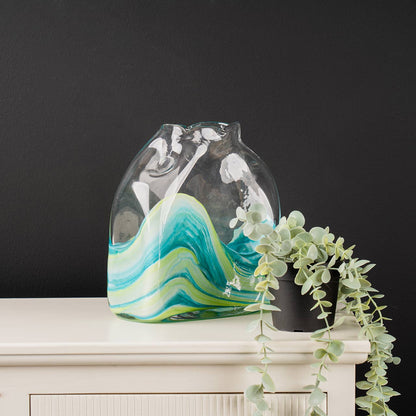 21.5cm Clear and Blue Ocean Design Handmade Glass Vase