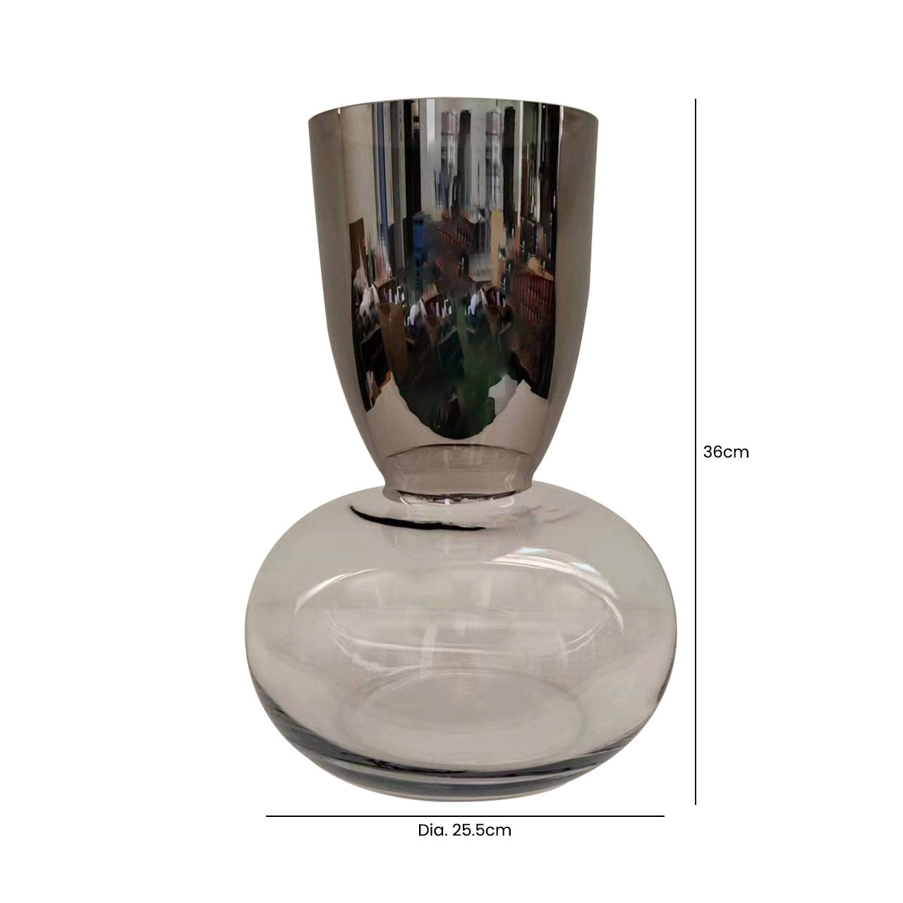 36cm Chrome & Clear Round Base Glass Vase