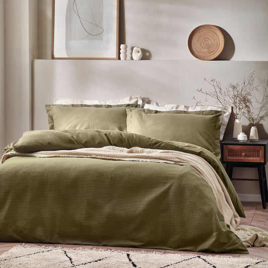 WAFFLE SINGLE DUVET SET OLIVE