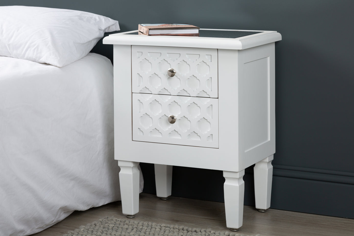 Casablanca 2 Drawer Bedside Cabinet White Wood Mirror Top - DSP