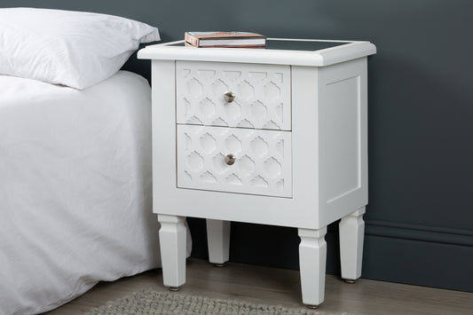 Casablanca 2 Drawer Bedside Cabinet White Wood Mirror Top - DSP
